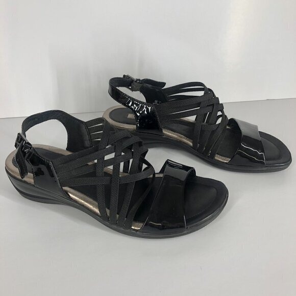 Ecco Womens Black Patent Leather Strappy Slingback Wedge Sandals Size 40